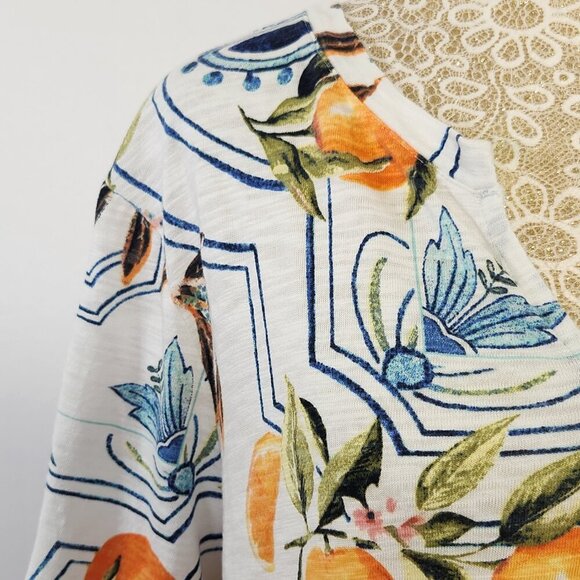 Chico's Women's Size 3/16 Tropical Print Short Sleeve Notched Neck Cotton Tee - Picture 6 of 16